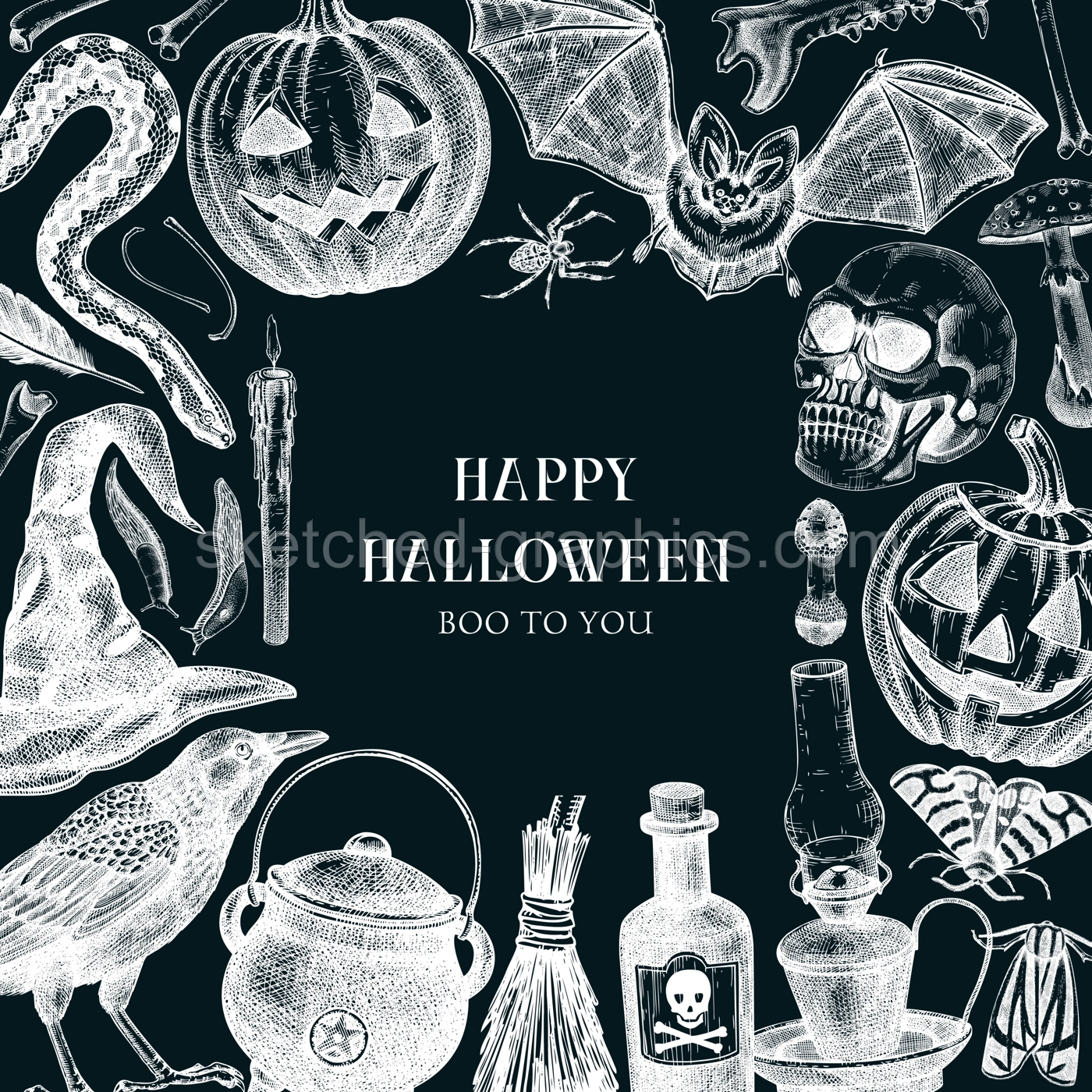 Halloween party invitation design template. Halloween pumpkins, sculls, poisonous mushrooms, bat, raven, snake sketches. Chalkboard background. Hand drawn vector illustration. Banner, card, frame Illustration
